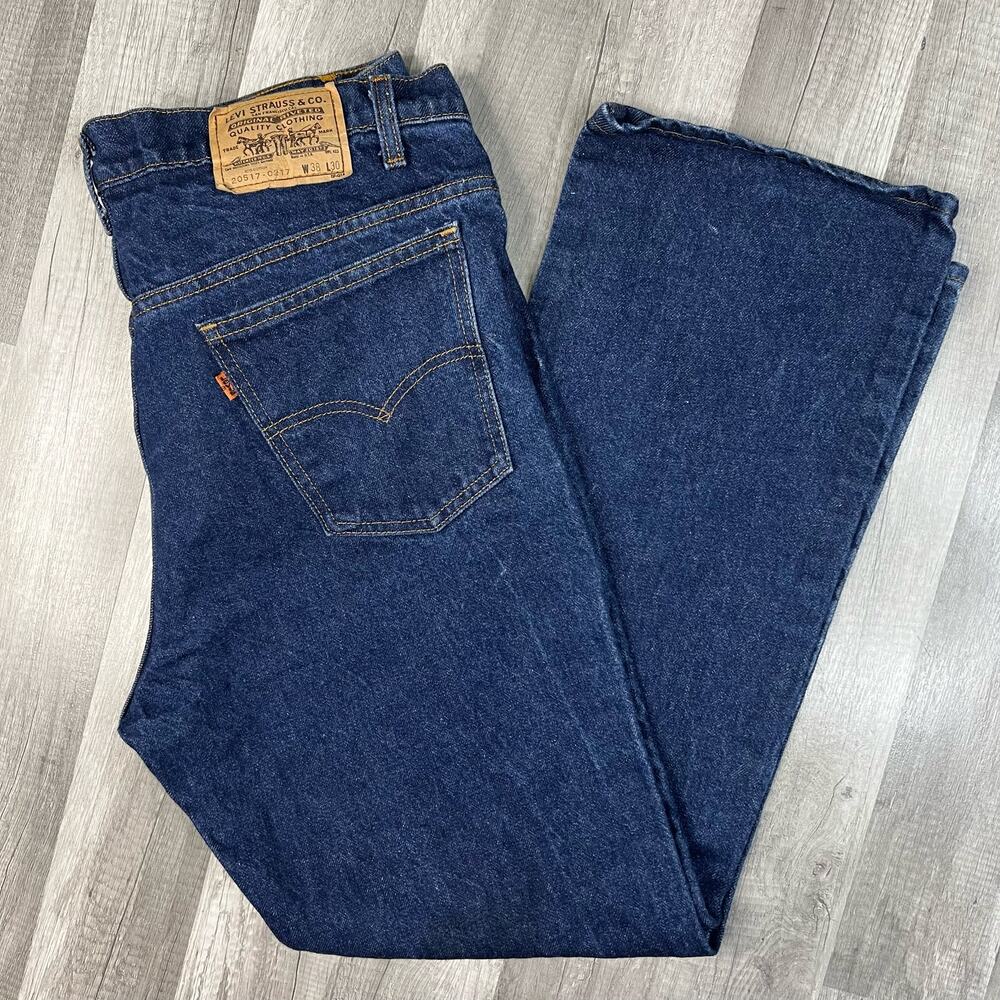 Vintage 70s Levi’s Orange Tab 20517-0217 Saddleman Boot Jeans Dark Wash 37”X30”
